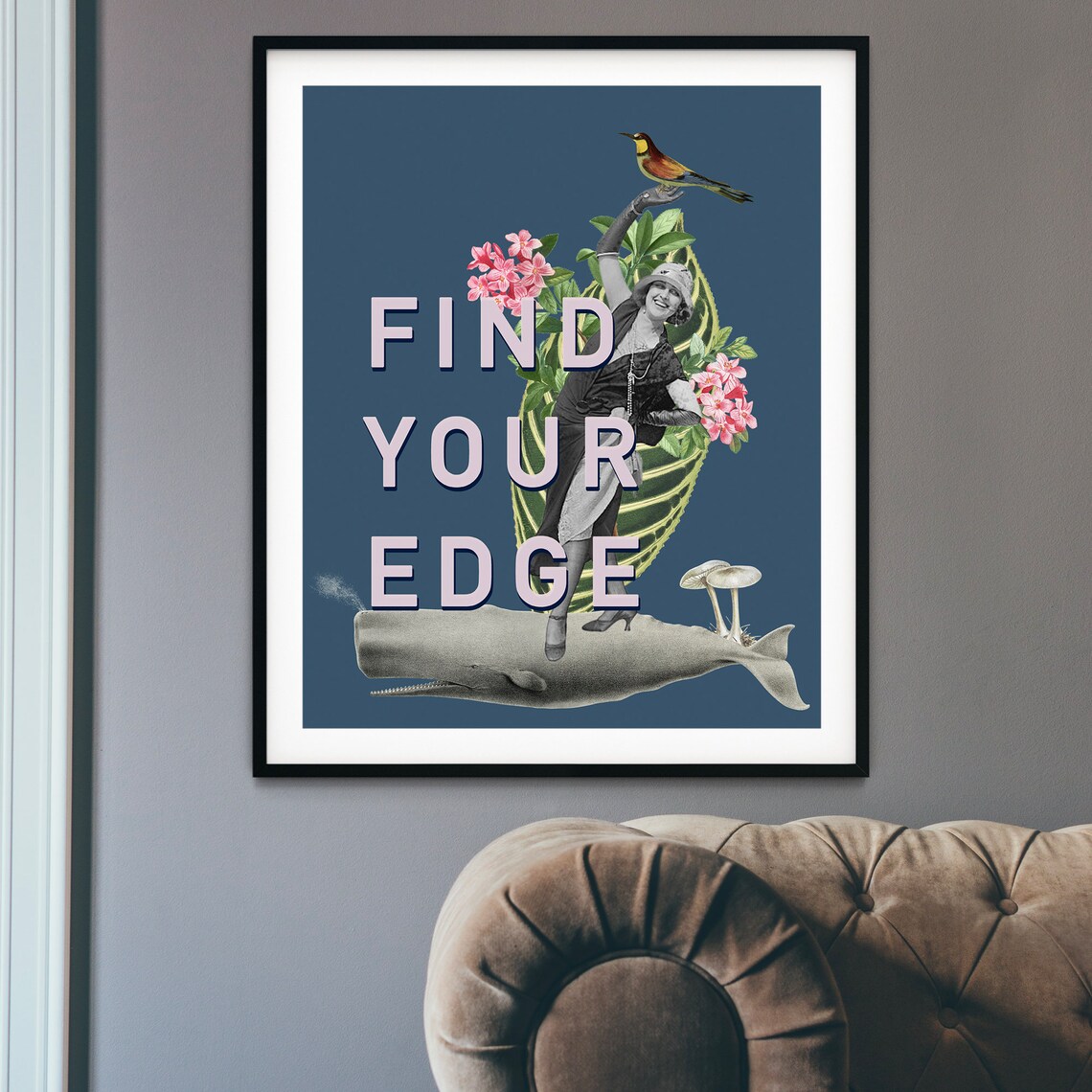 Find Your Edge Surreal Vintage Collage Whale Botanical Art Poster