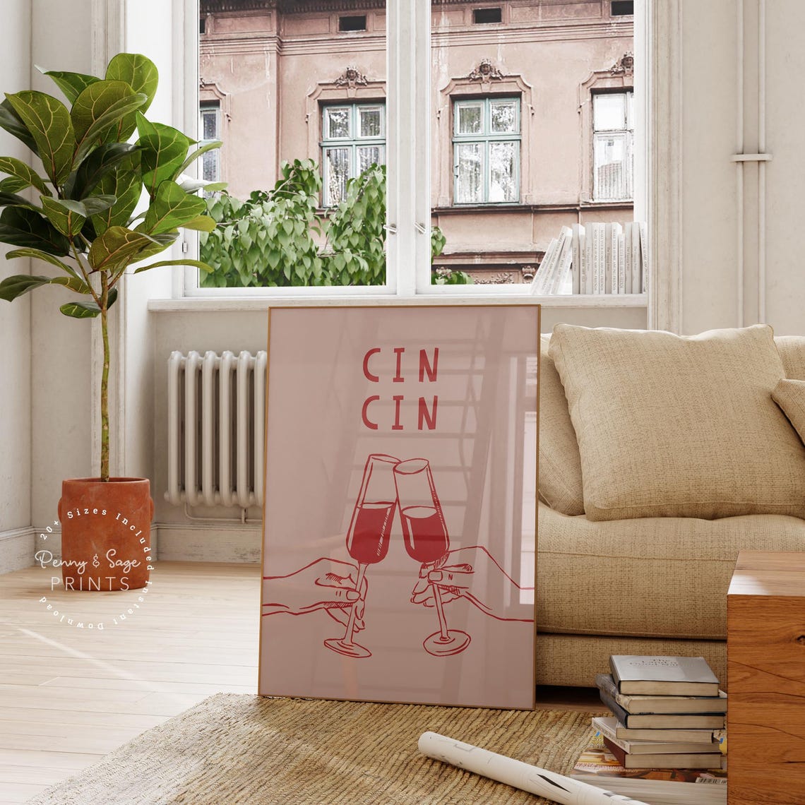 Cin Cin Champagne Flutes Red Line Toast Blush Pink Art Poster