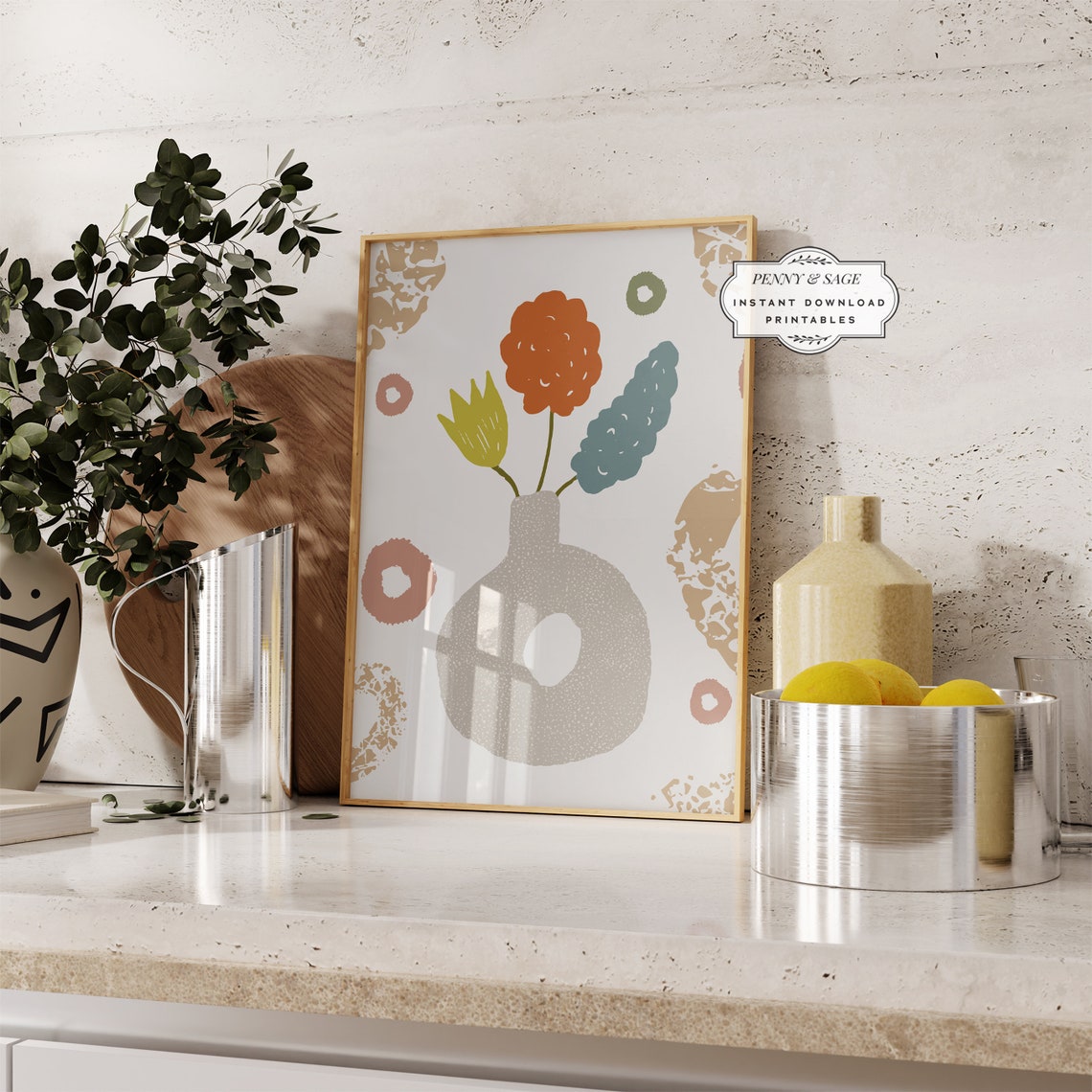 Abstract Terracotta Flower Vase Modern Boho Botanical Art Poster