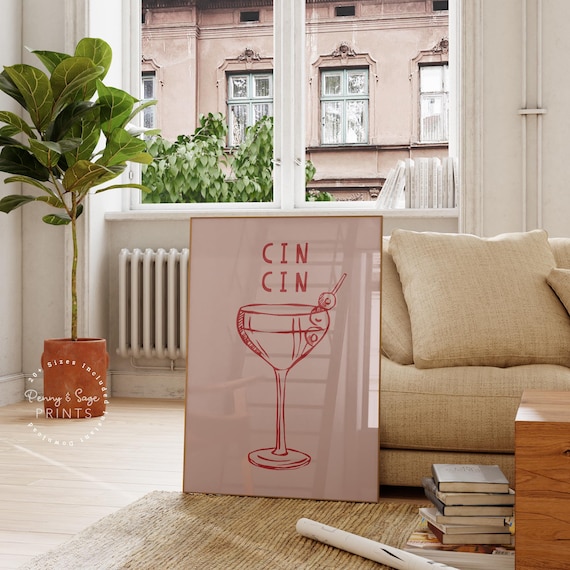 Cin Cin Cocktail Club Martini Glass Hand Drawn Bar Cart Wall Art