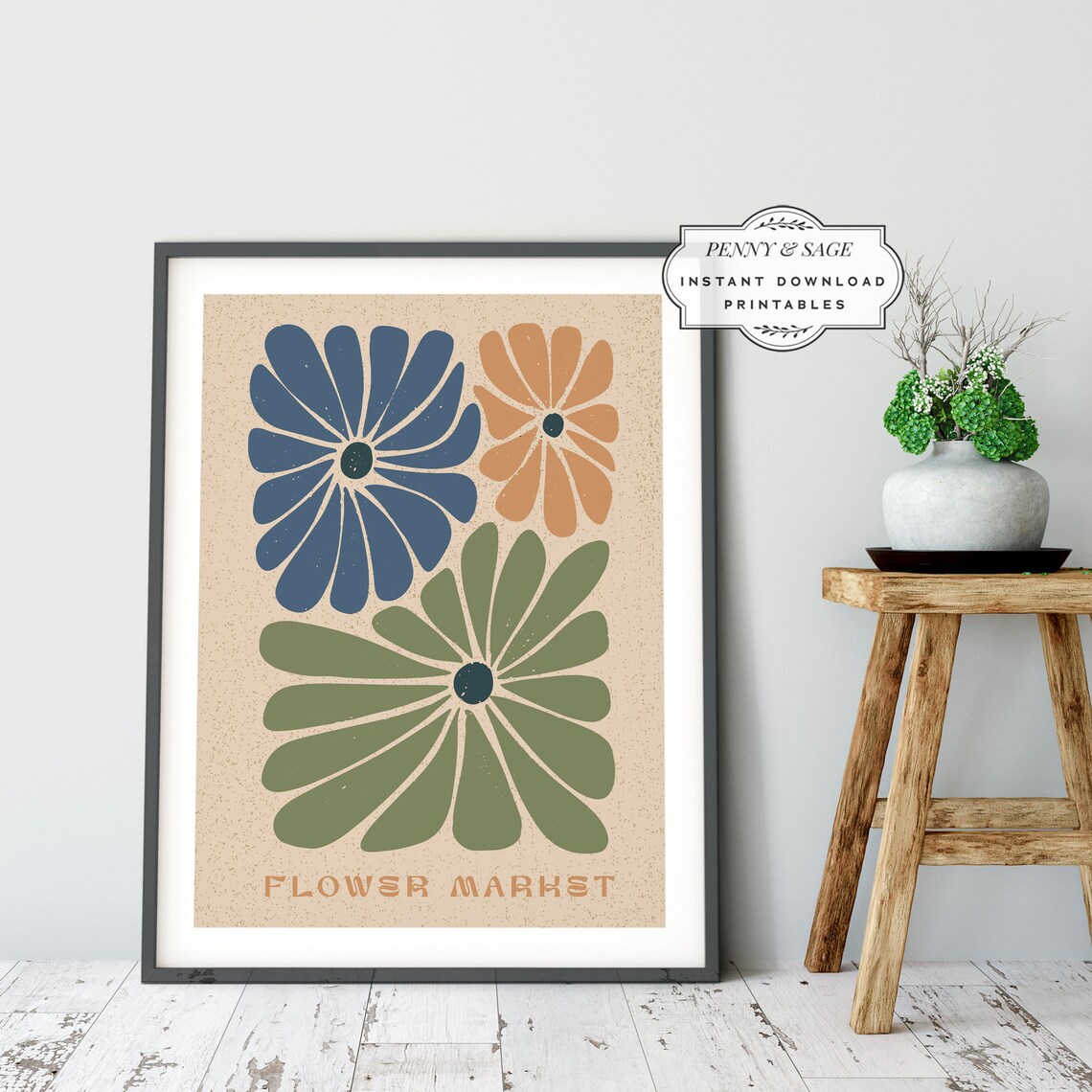 Flower Market Blue Terracotta Olive Blooms Retro Floral Art Poster