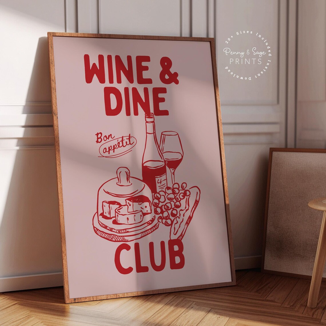 Wine and Dine Club Pink Bon Appetit Wine and Cheese Kitchen Wall Art - Image 2