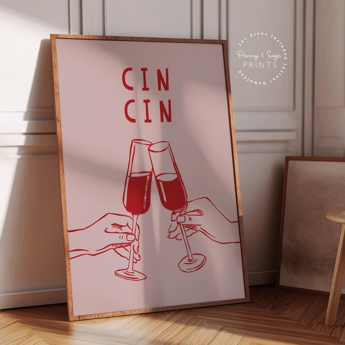 Cin Cin Champagne Flutes Red Line Toast Blush Pink Art Poster - Image 2