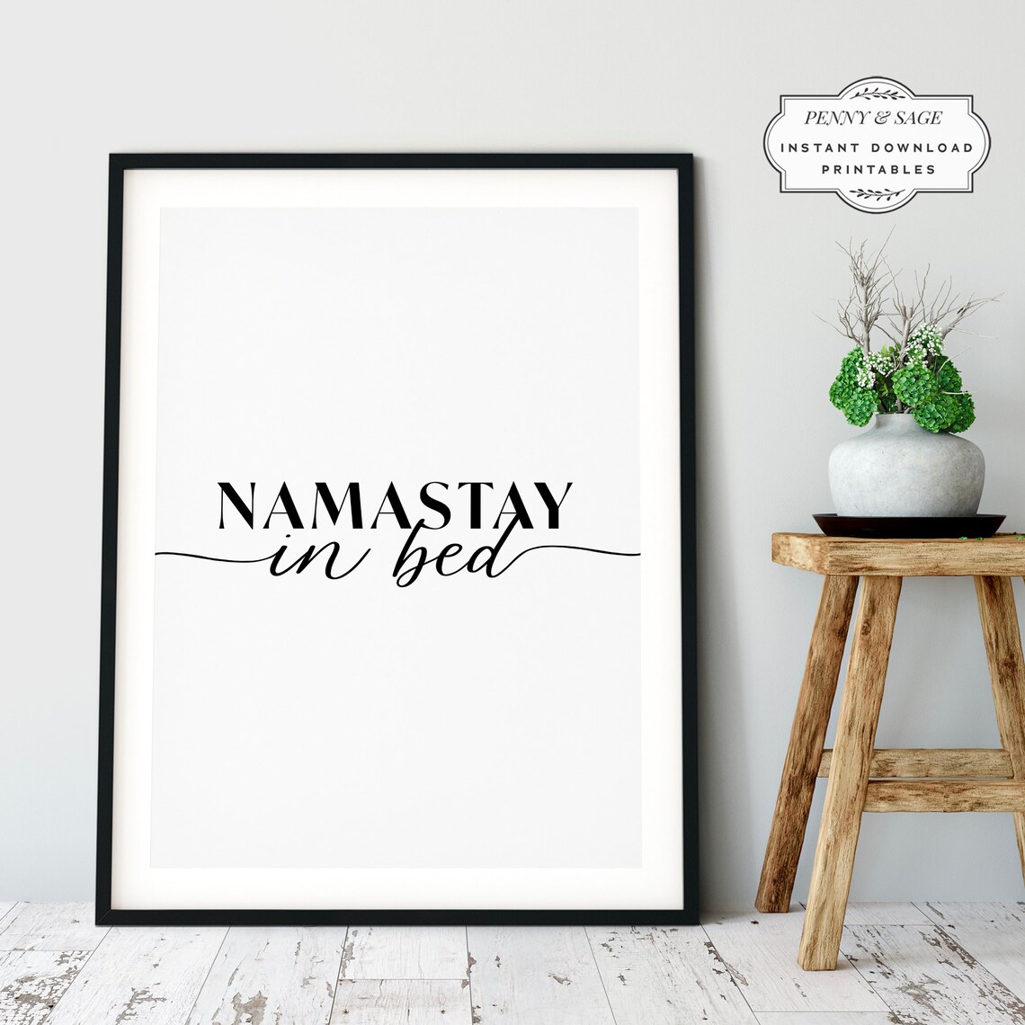 Namastay In Bed Script Funny Yoga Quote Bedroom Decor Poster - Image 2