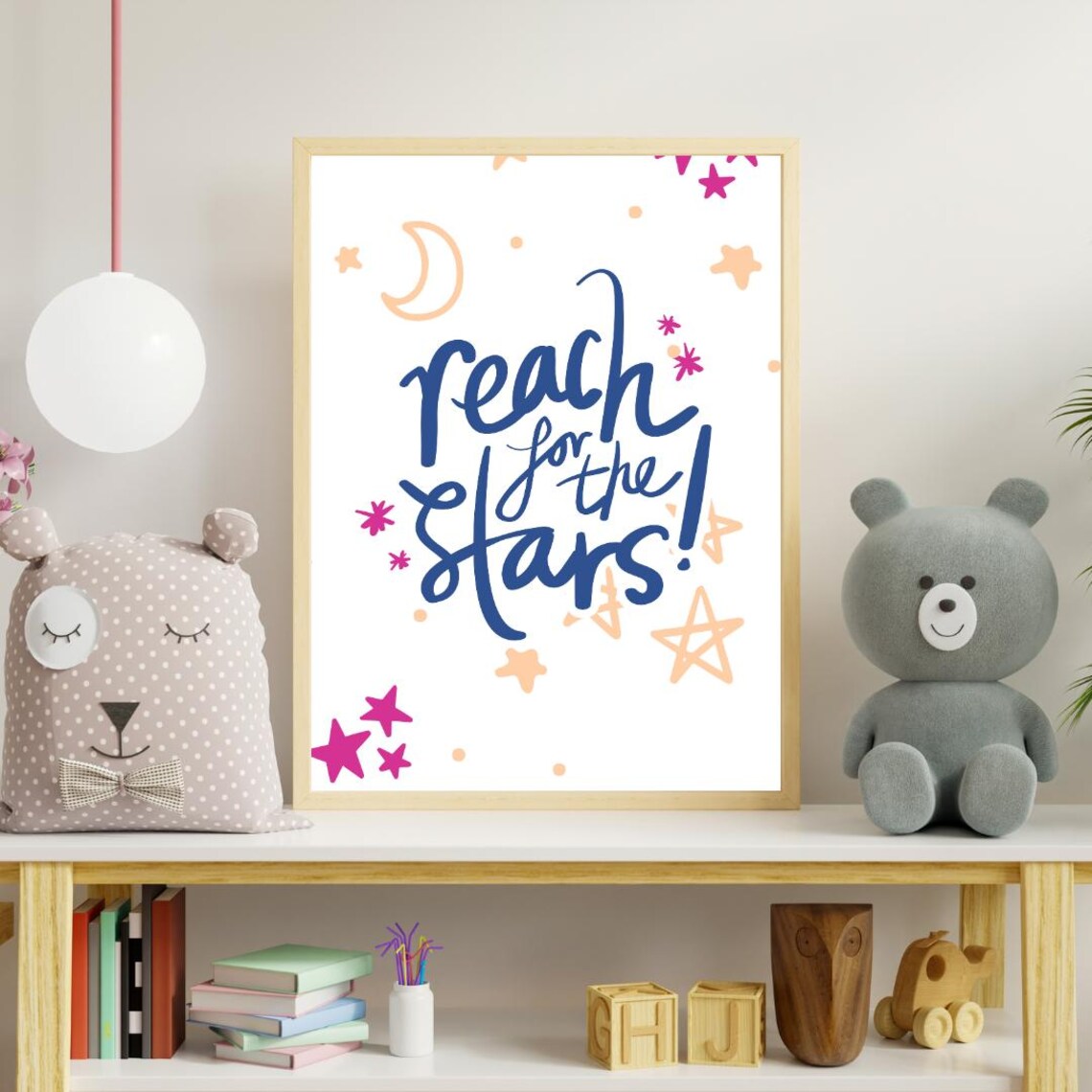 Reach For The Stars Navy Hand Lettered Kids Bedroom Quote Poster