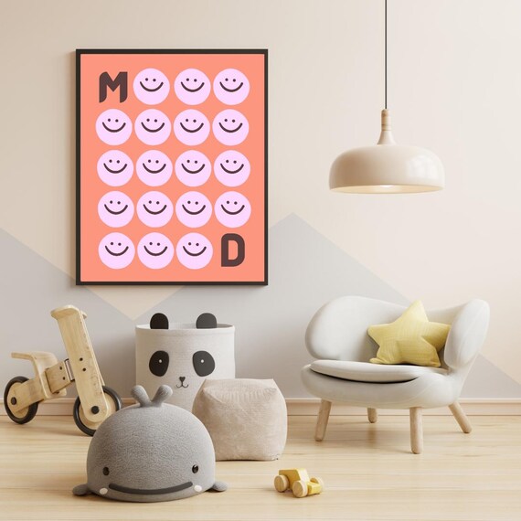 Coral Smiley Face Mood Checker Trendy Pop Art Kids Decor Poster
