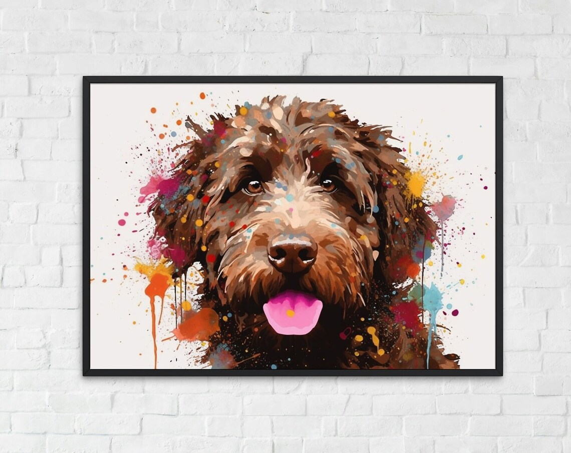 Chocolate Doodle Puppy Tongue Out Watercolor Portrait Dog Art Poster