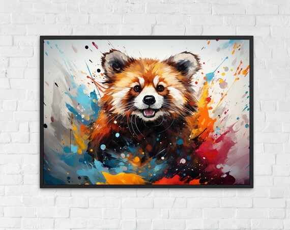 Happy Red Panda Cub Watercolor Splash Colorful Nursery Wall Poster