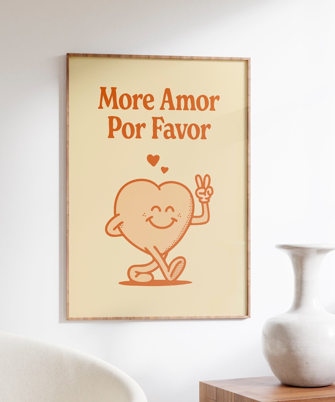 More Amor Por Favor Orange Heart Mascot Peace Spanish Quote Poster - Image 4