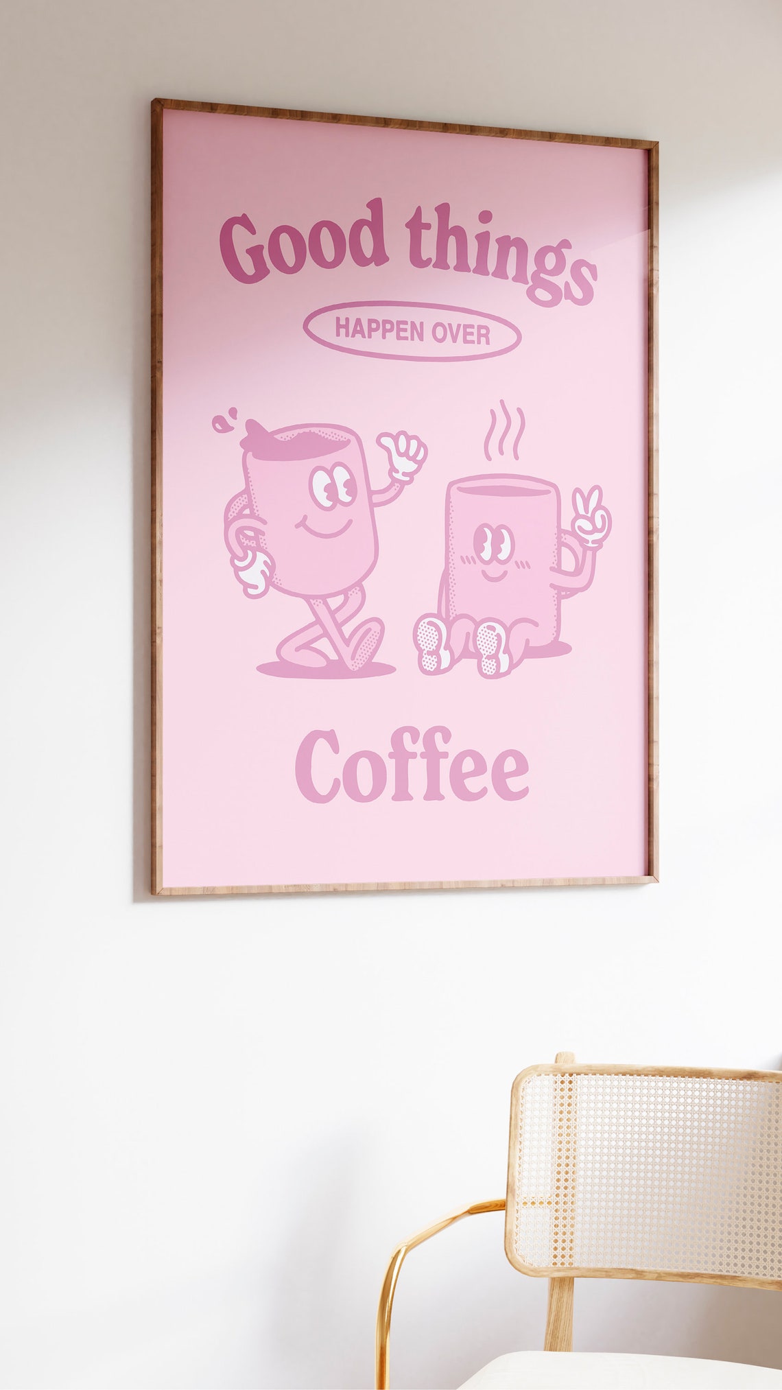 Good Things Happen Over Coffee Cute Pink Cartoon Coffee Mug Poster - Image 2
