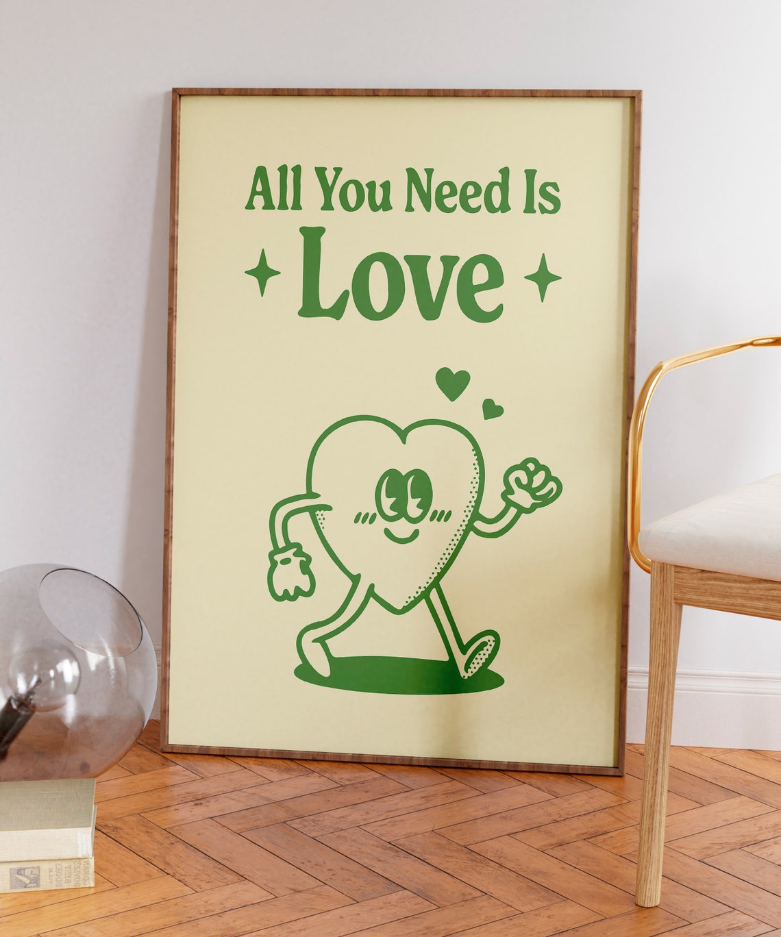 All You Need Is Love Cute Green Heart Retro Cartoon Quote Poster - Image 5