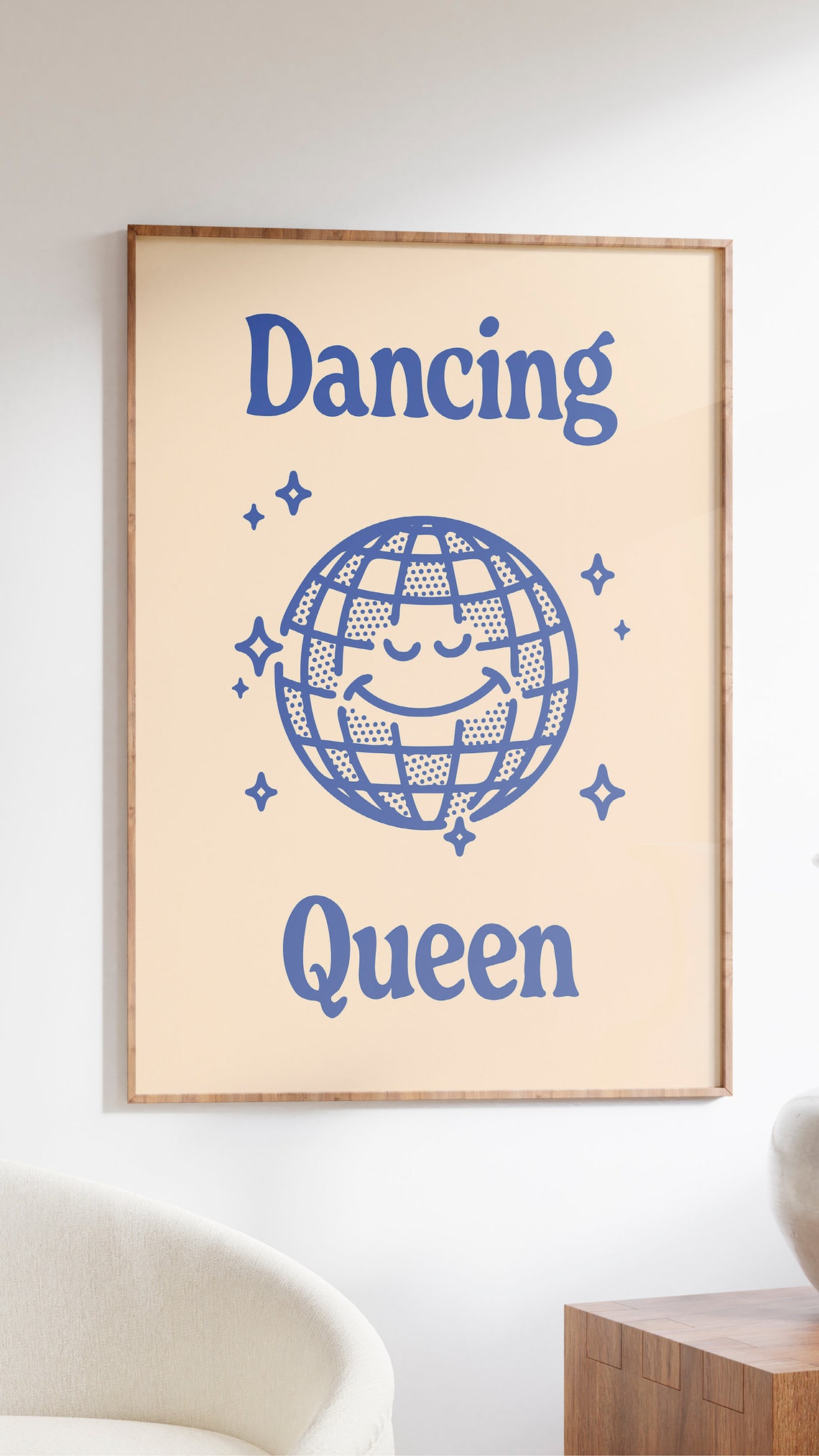 Dancing Queen Blue Smiling Disco Ball Retro 70s Party Quote Poster - Image 2