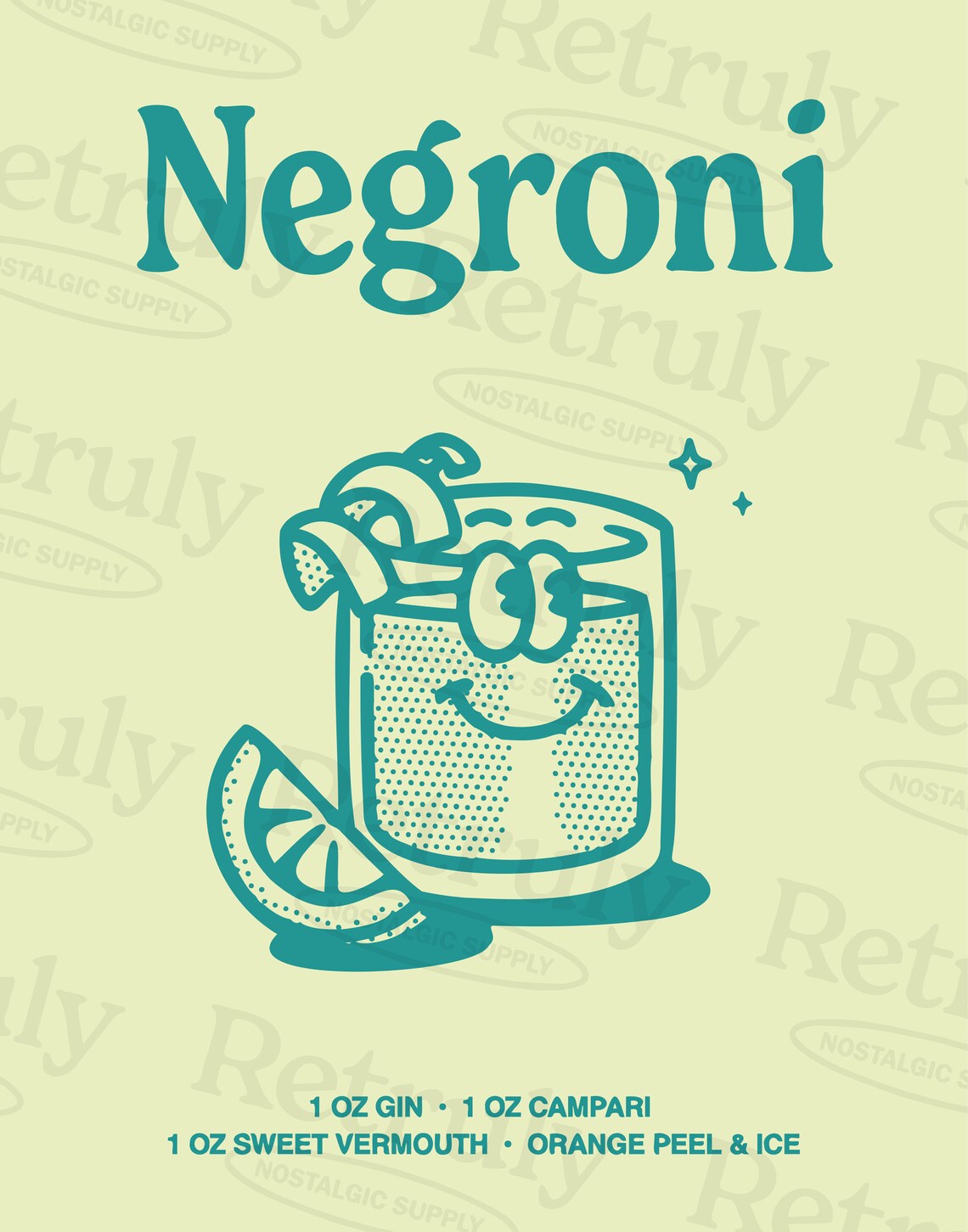Negroni Classic Retro Cocktail Recipe Teal Bar Cart Art Print - Image 2