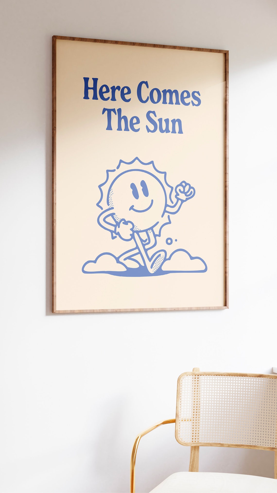 Here Comes The Sun Quote Retro Cartoon Blue Typography Wall Art - Image 2