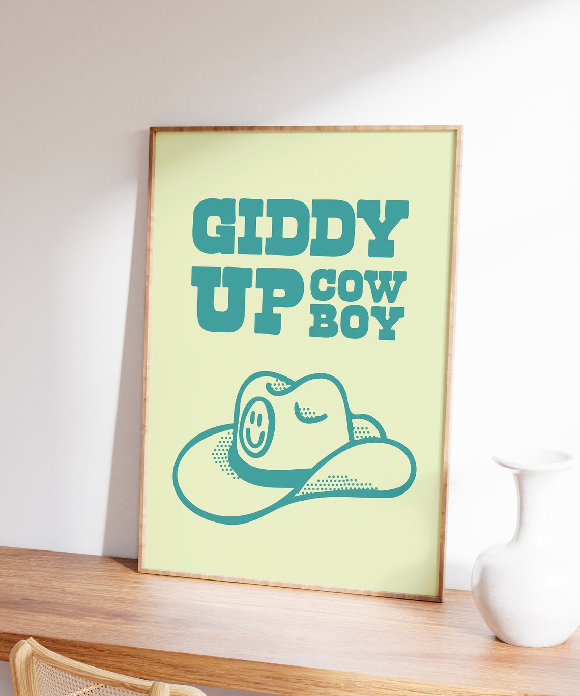 Giddy Up Cowboy Teal Smiling Cowboy Hat Retro Western Art Print - Image 5