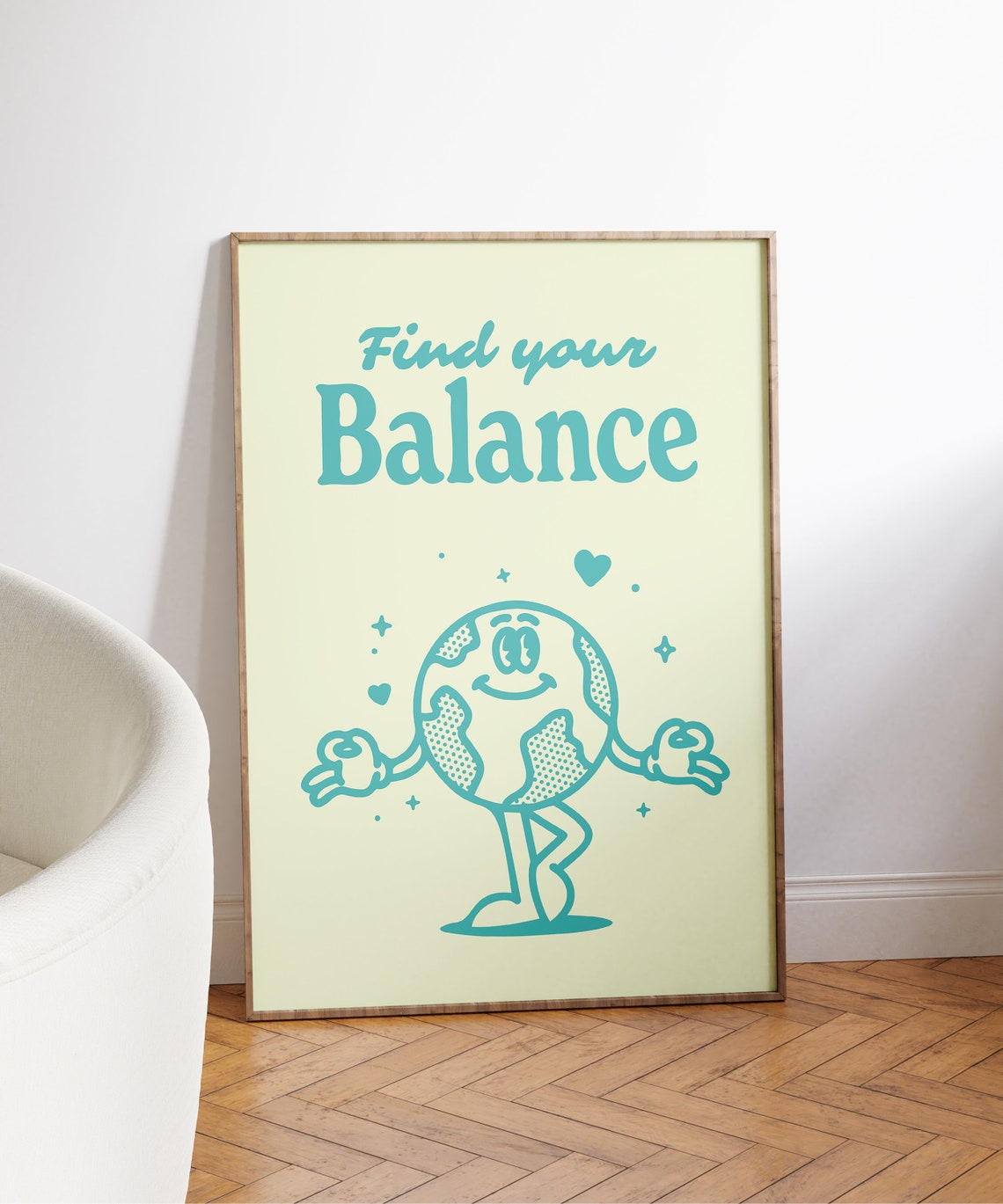 Find Your Balance Teal Globe Retro Character Quote Art Print - Image 7