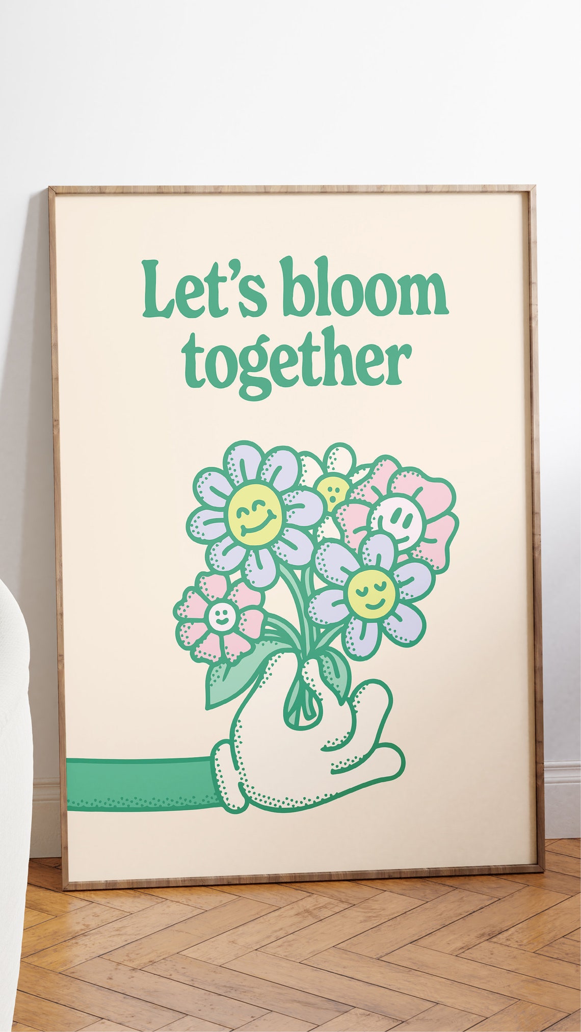 Let's Bloom Together Retro Smiling Flower Bouquet Wall Art Decor - Image 2