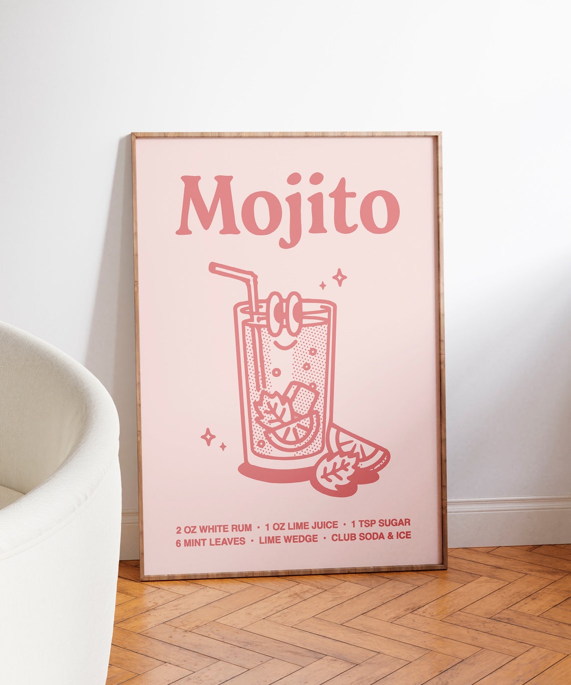 Mojito Cocktail Recipe Pink Line Art Kitchen Bar Cart Poster - Image 7