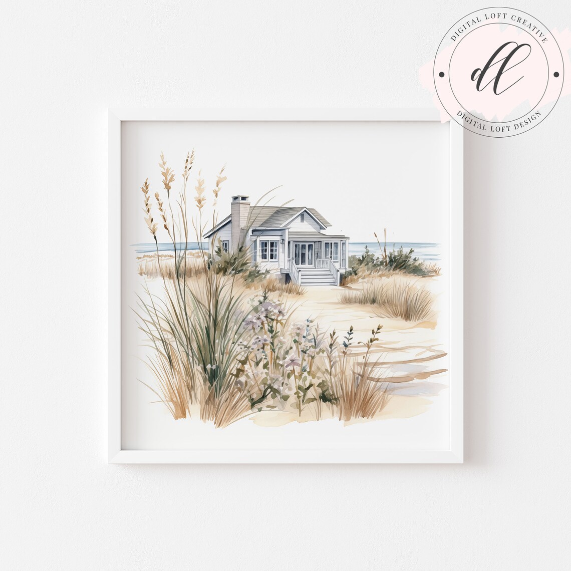 Watercolor Beach House on Dunes with Sea Oats Coastal Decor Poster - Image 2