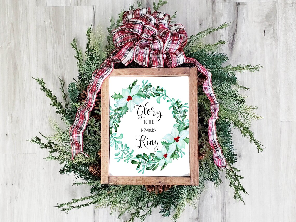 Glory to the Newborn King Watercolor Christmas Wreath Holiday Poster - Image 3