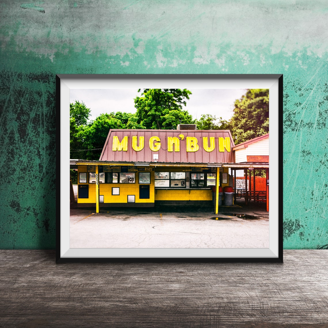 Mug N' Bun Vintage Yellow Drive-In Restaurant Storefront Poster