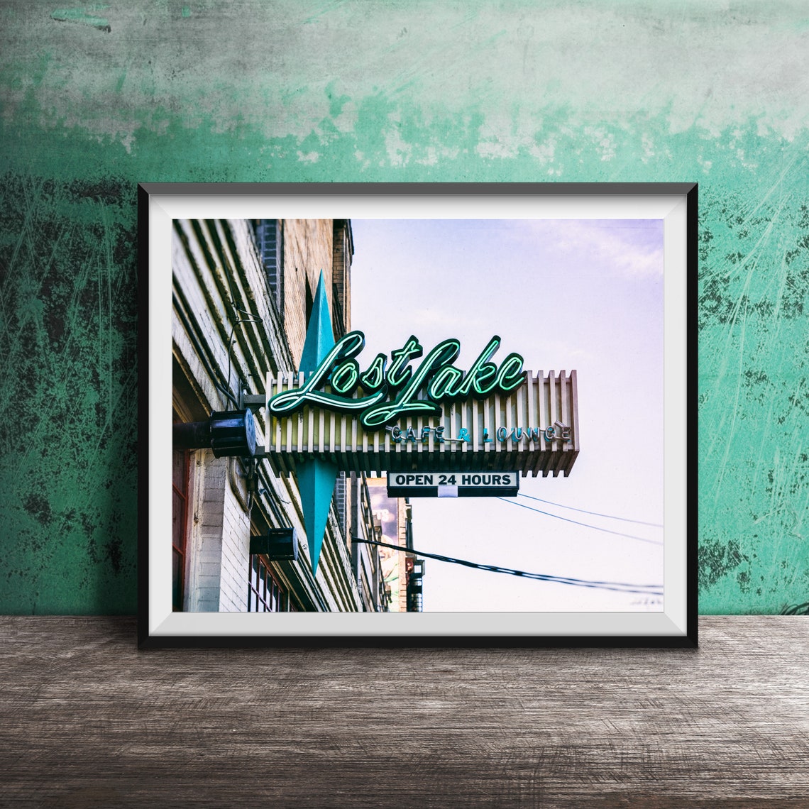Lost Lake Cafe Lounge Open 24 Hours Turquoise Neon Sign Poster