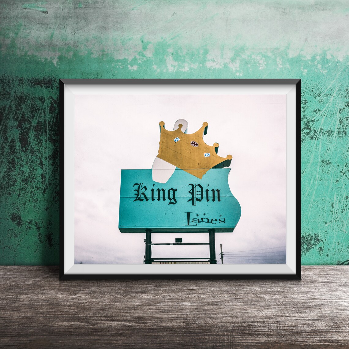 King Pin Lanes Bowling Alley Golden Crown Roadside Sign Retro Poster