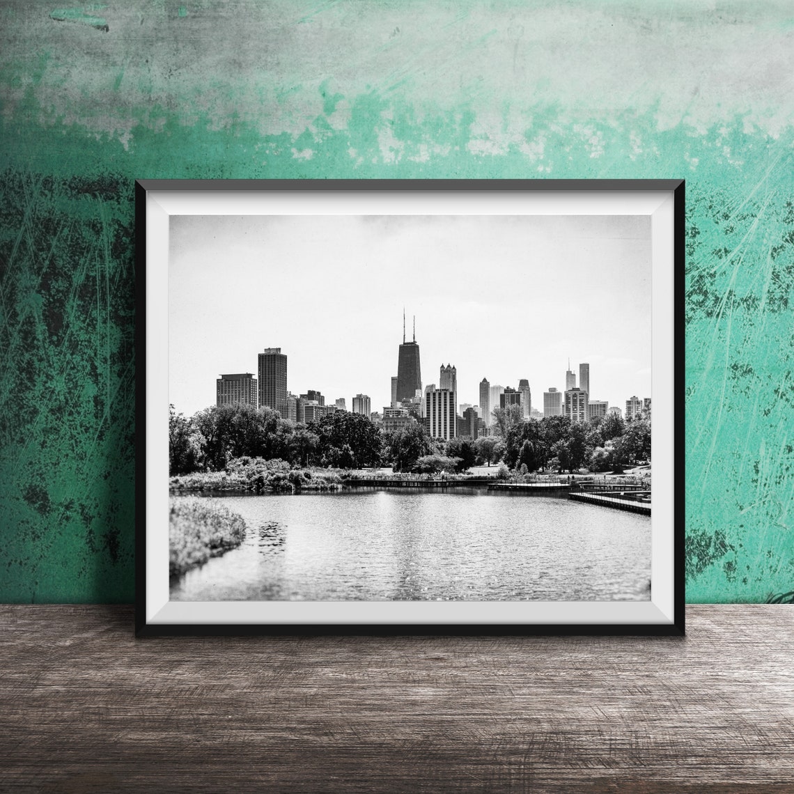 Chicago Skyline Over Green Park Lagoon And Boardwalk View Poster - Image 2