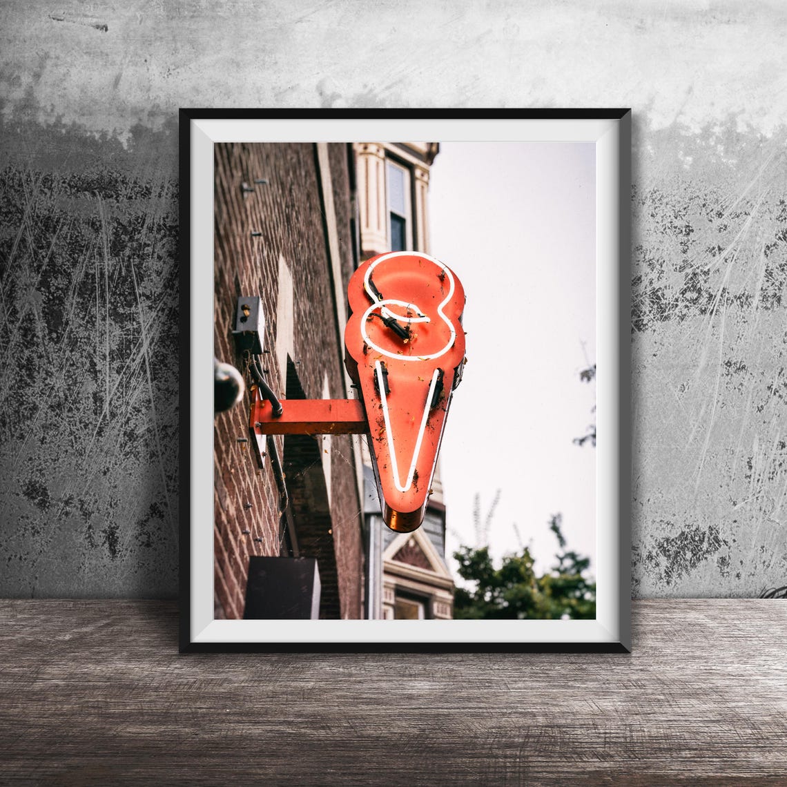 Retro Ice Cream Cone Neon Sign Black And White Photo Art Print - Image 3