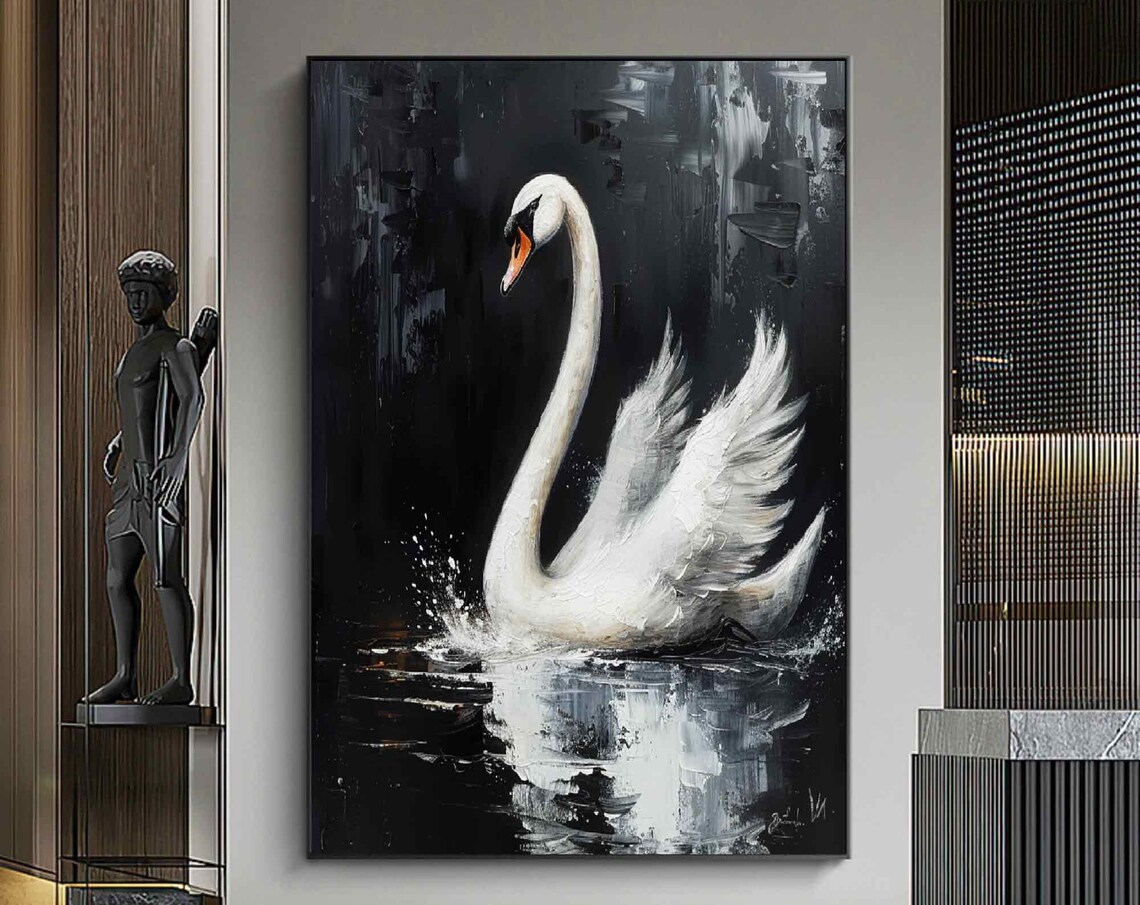 Majestic White Swan Wings Raised on Black Dramatic Oil Art Poster