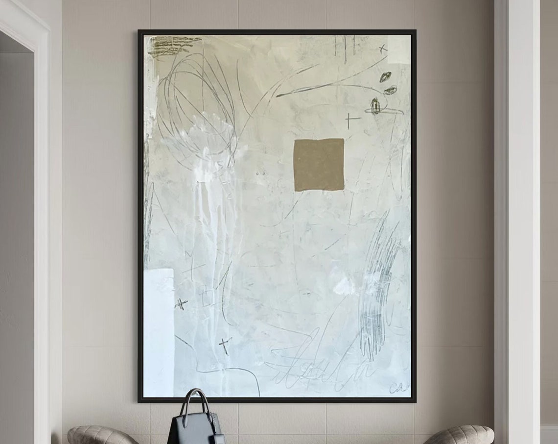 Soft Beige Abstract With Gold Square Scribble Line Art Poster