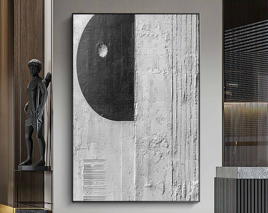 Black Circle on White 3D Textured Minimalist Abstract Poster