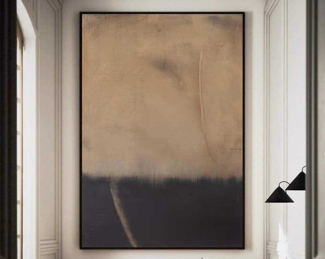 Warm Beige and Black Horizon Color Field Minimalist Art Poster