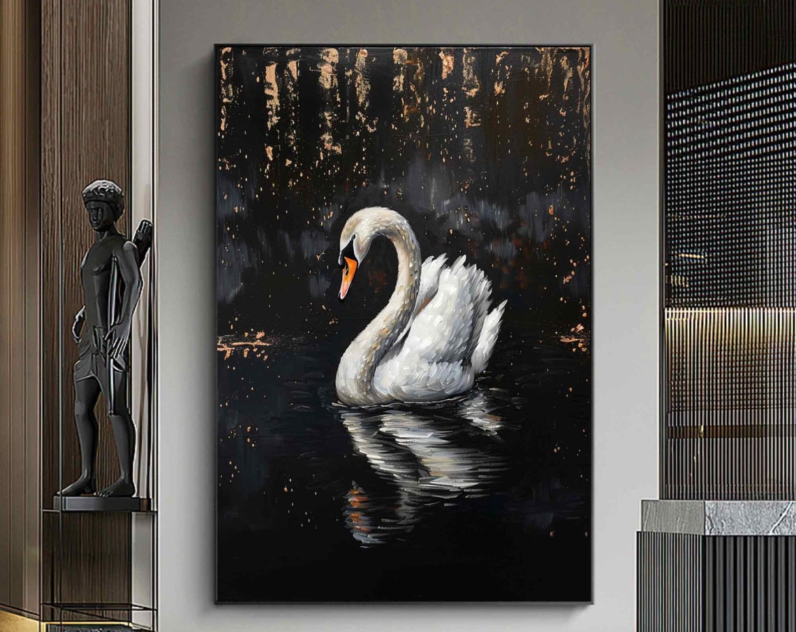 Graceful White Swan on Black Water Gold Leaf Elegant Oil Art Poster