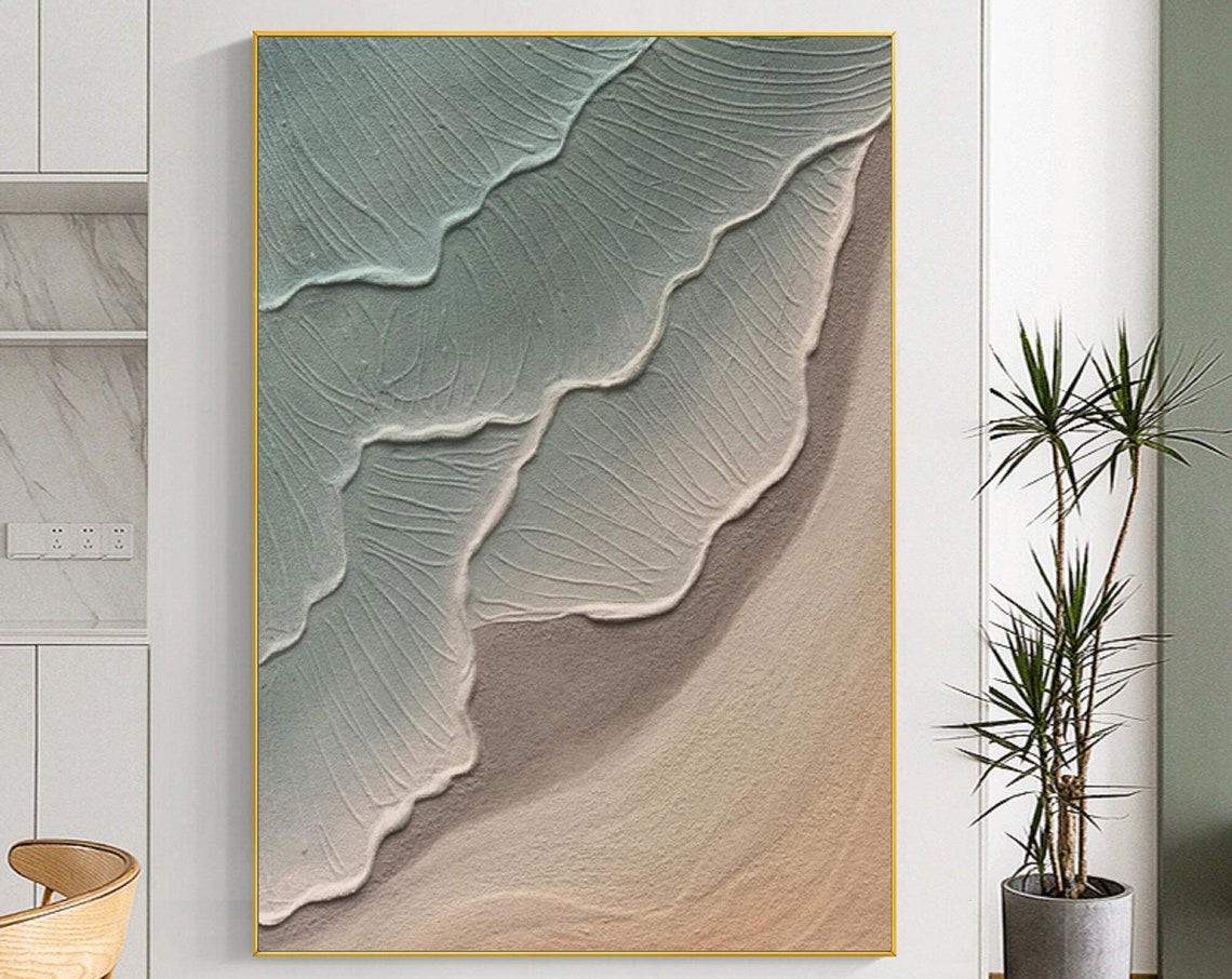 Soft Sage Green Ocean Waves on Sand Beige 3D Texture Art Poster