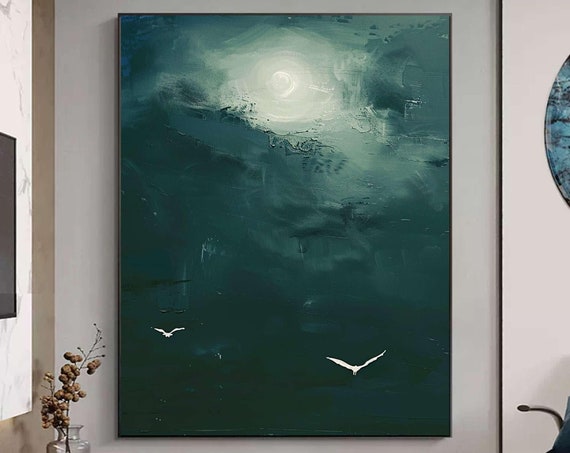 Surrealist Dark Green Sky Painting Dark Green Wall Decor Abstract Painting Minimalist Wall Art Maximalist Decor Dark Green Wall Art