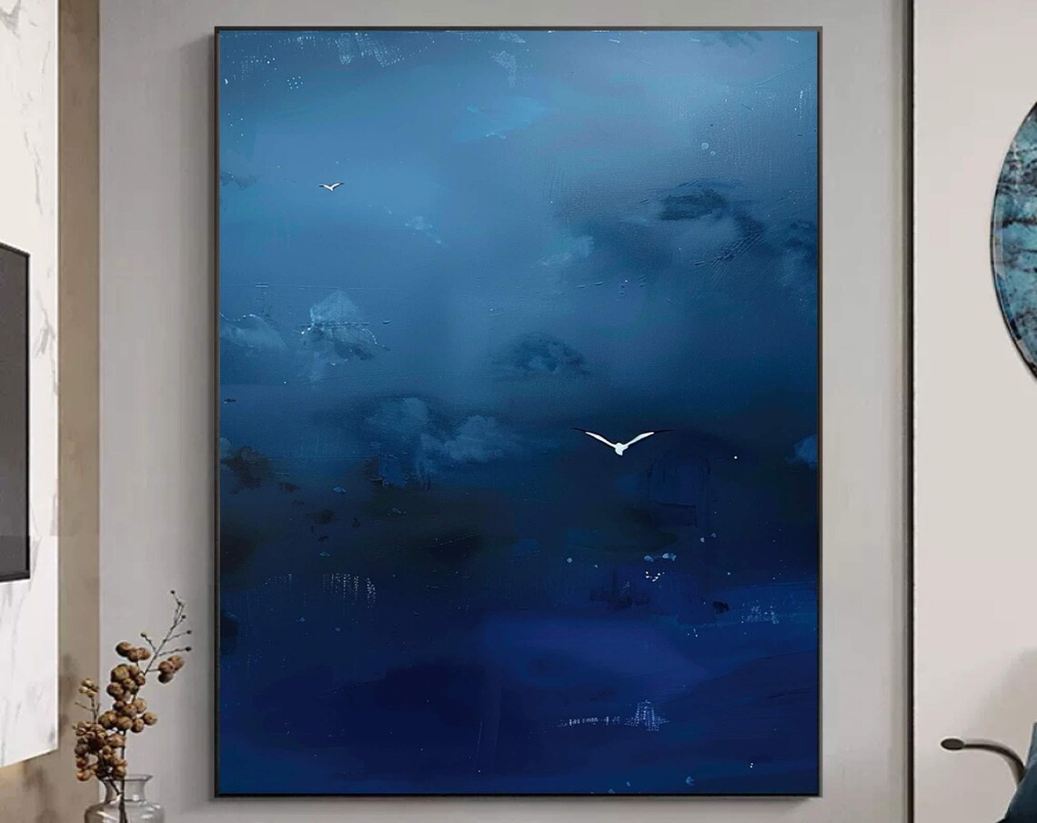Deep Blue Starry Night Sky Moon and Birds Abstract Painting Poster