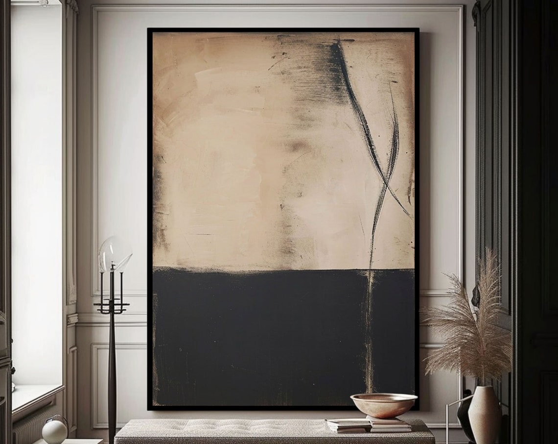 Classic Beige Black Split Field With Ink Line Minimalist Art Poster