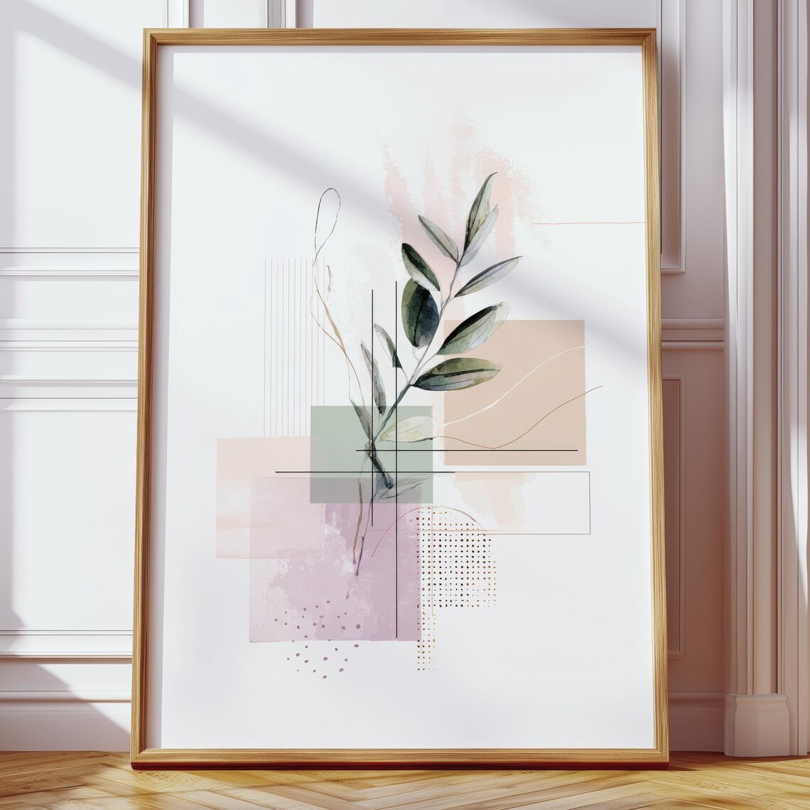 Scandinavian Botanical Abstract Art Poster Pastel Olive Branch Minimal
