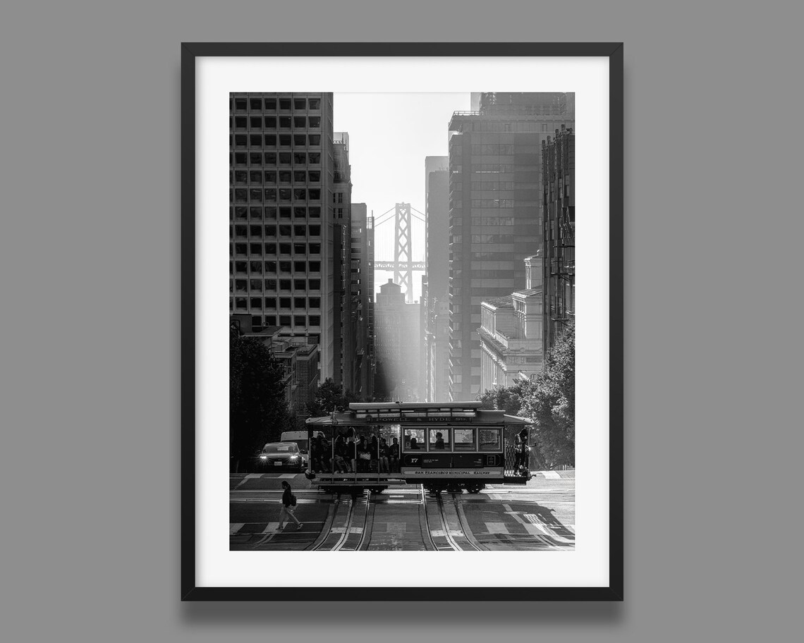 San Francisco Cable Car Black And White Bay Bridge City Poster