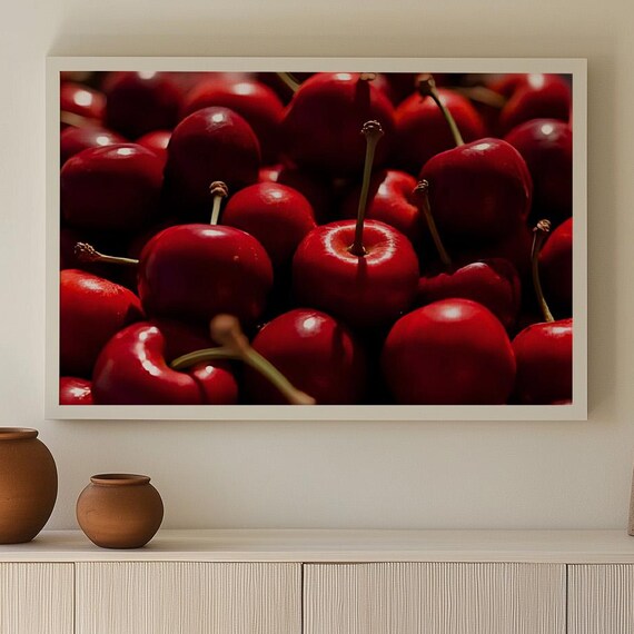 Fresh Red Cherries Close Up Juicy Fruit Photography Kitchen Art Poster