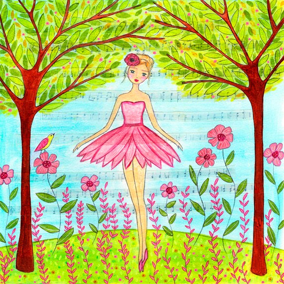 Ballerina in Pink Petal Tutu Dancing Among Flowers Music Sheet Art Poster