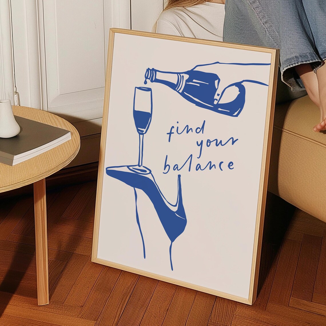 Find Your Balance Wine Pouring Blue Sketch Retro Minimal Wall Poster - Image 5