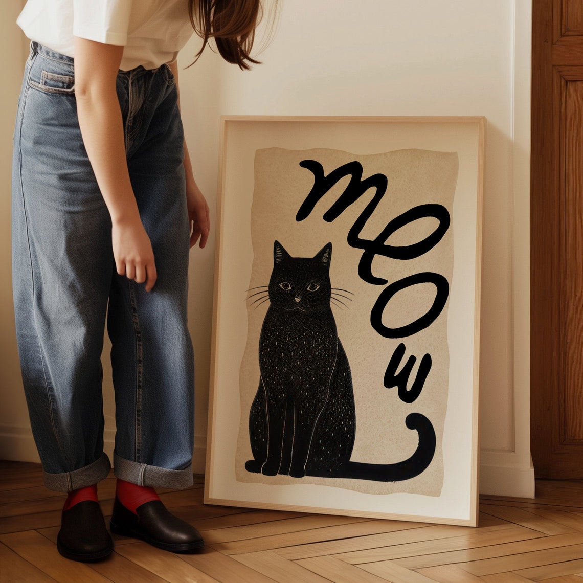 Black Cat Meow Boho Minimalist Cat Lover Wall Art Aesthetic Poster - Image 2