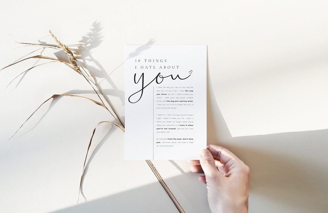 Ten Things I Hate About You Poem Movie Quote Script Heart Wall Art Poster - Image 2