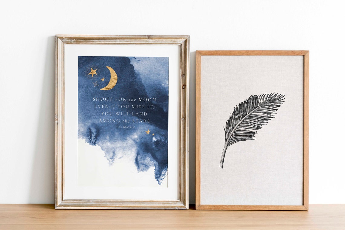 Shoot For The Moon Les Brown Quote Blue Watercolor Night Sky Poster - Image 5
