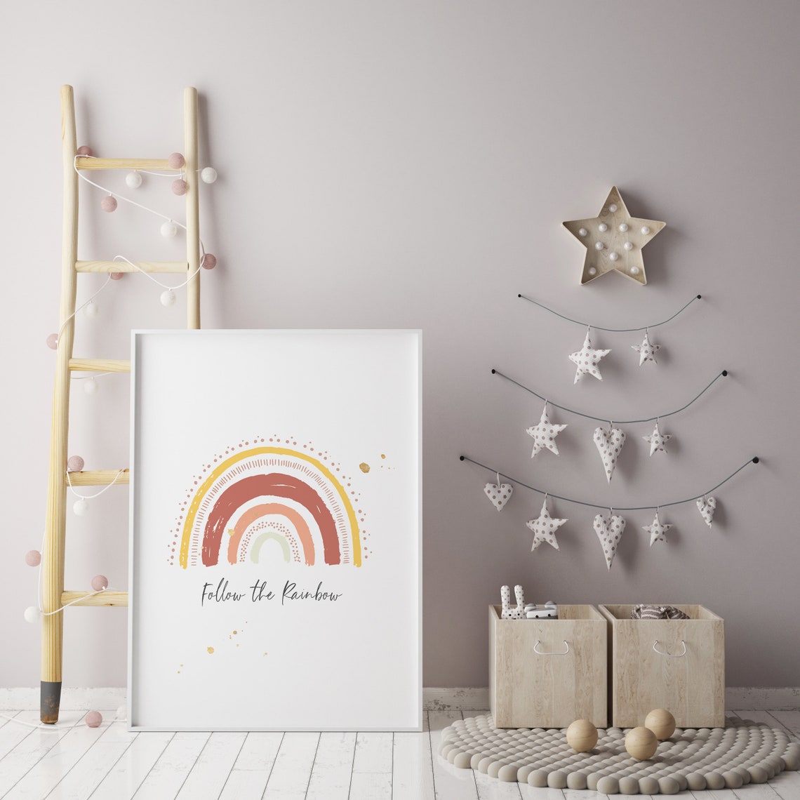 Follow The Rainbow Pink Orange Boho Nursery Kids Room Wall Poster - Image 2