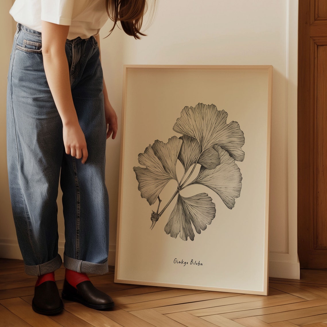Ginkgo Biloba Leaf Botanical Pencil Sketch Minimalist Wall Art Poster - Image 3