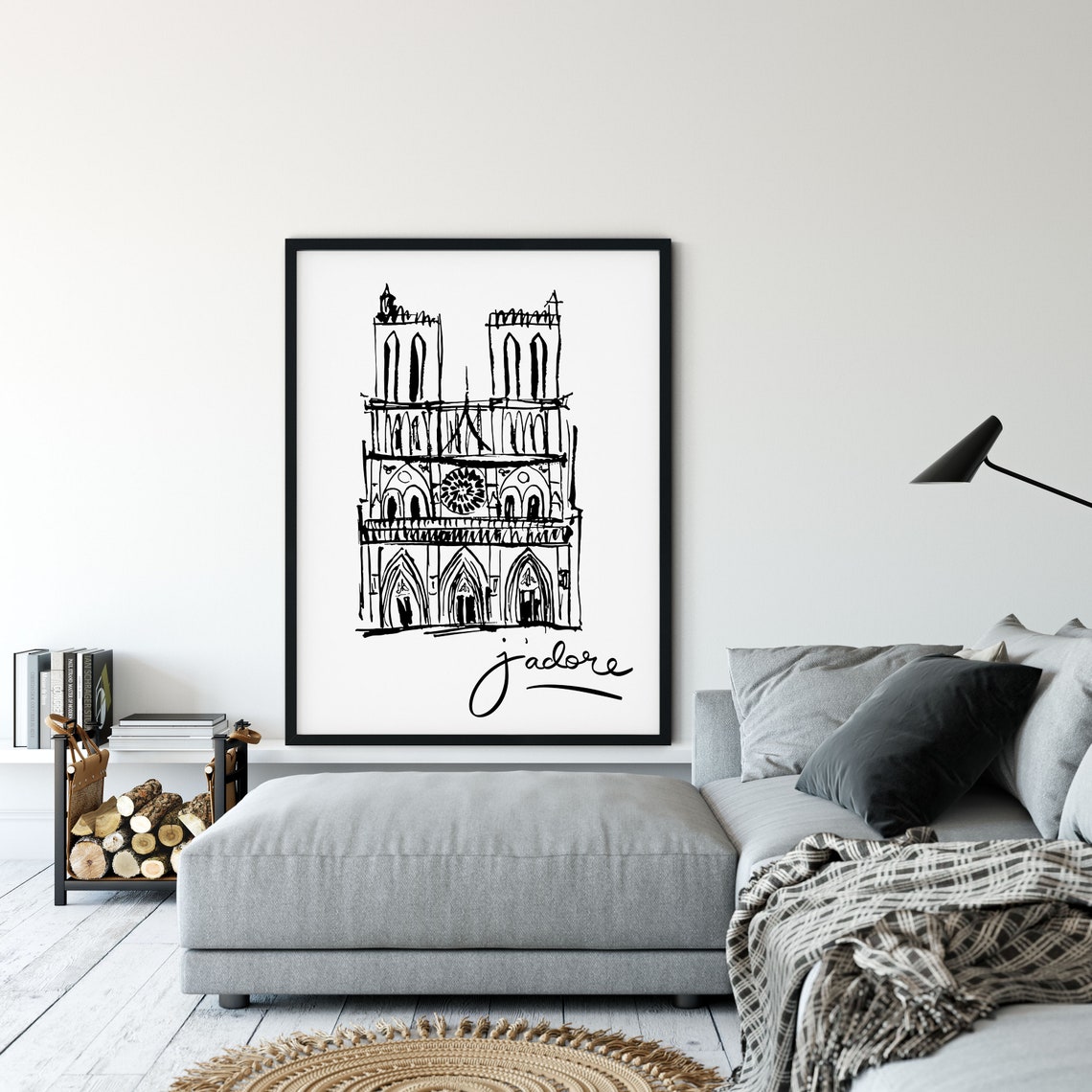 Notre Dame Cathedral Paris Sketch Jadore Black White Wall Art Poster - Image 2
