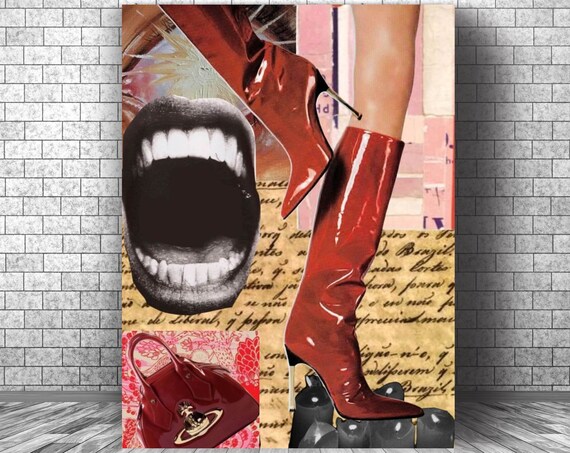 Red Boots Screaming Lips Fashion Collage Bold Pop Culture Poster